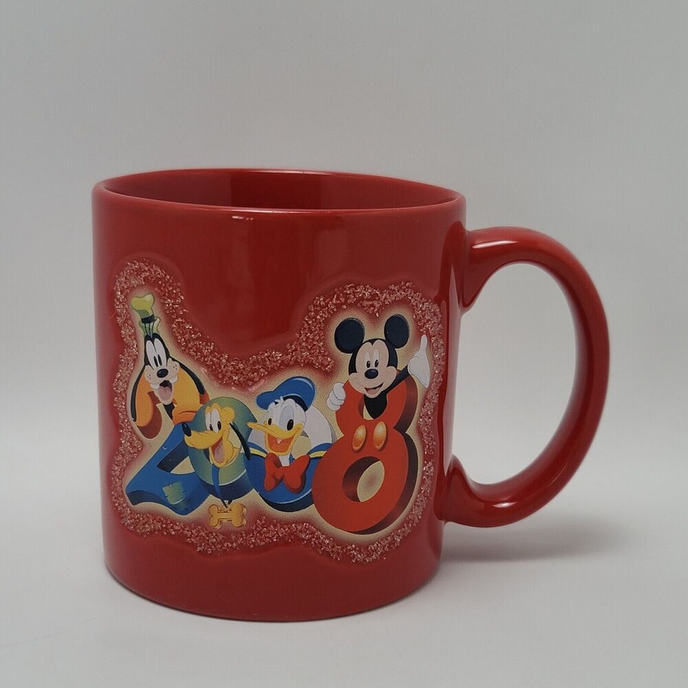 2008 Walt Disney World Coffee Mug Goofy Pluto Donald Duck Mickey Cup Red